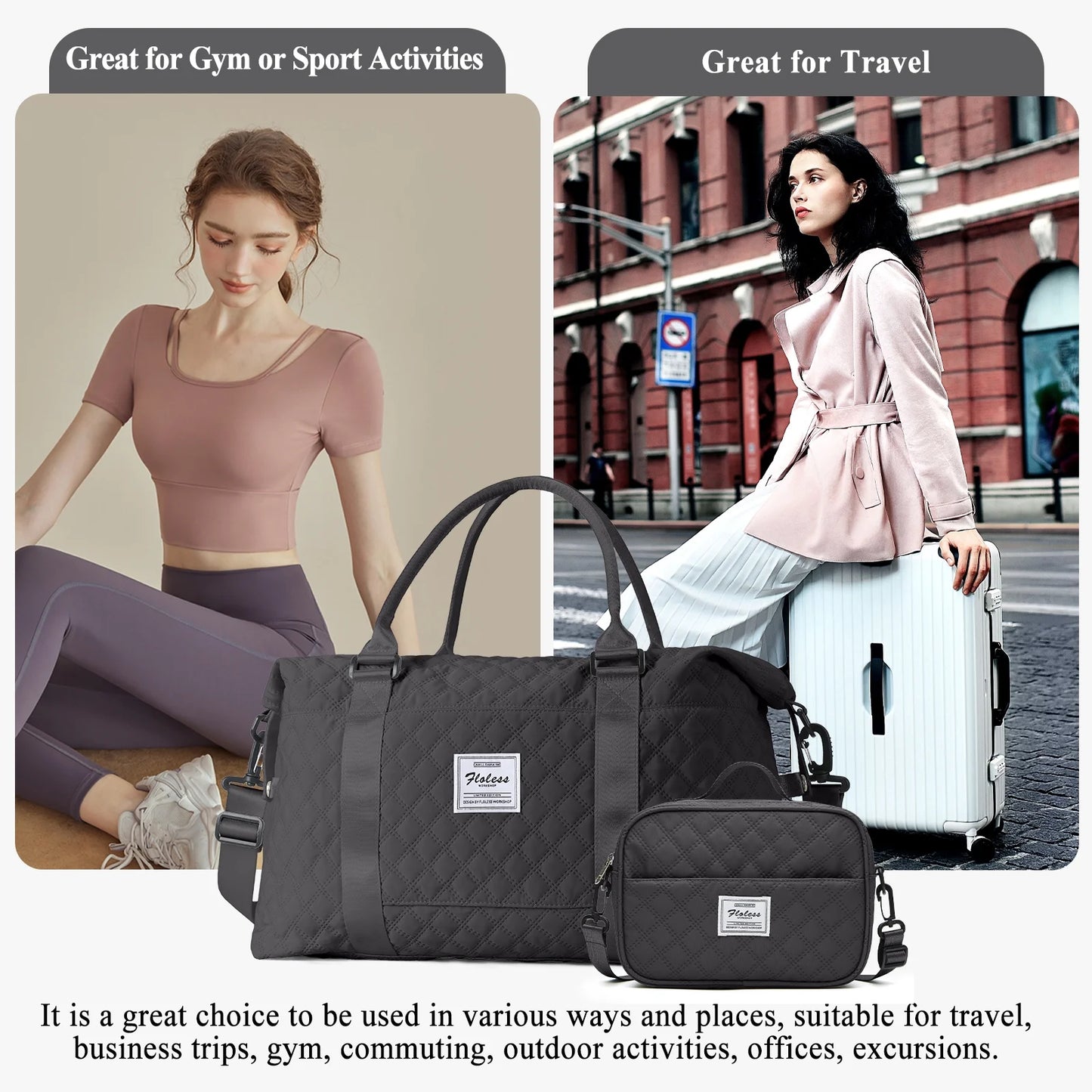 Travel Duffle Bag with Toiletry Bag, Weekender Overnight Bag for Women Carry on Bag Hospital Holdalls, Men Casual Sport Gym Tote Bag Personal Item Bag for Airlines with Wet Pocket Grey